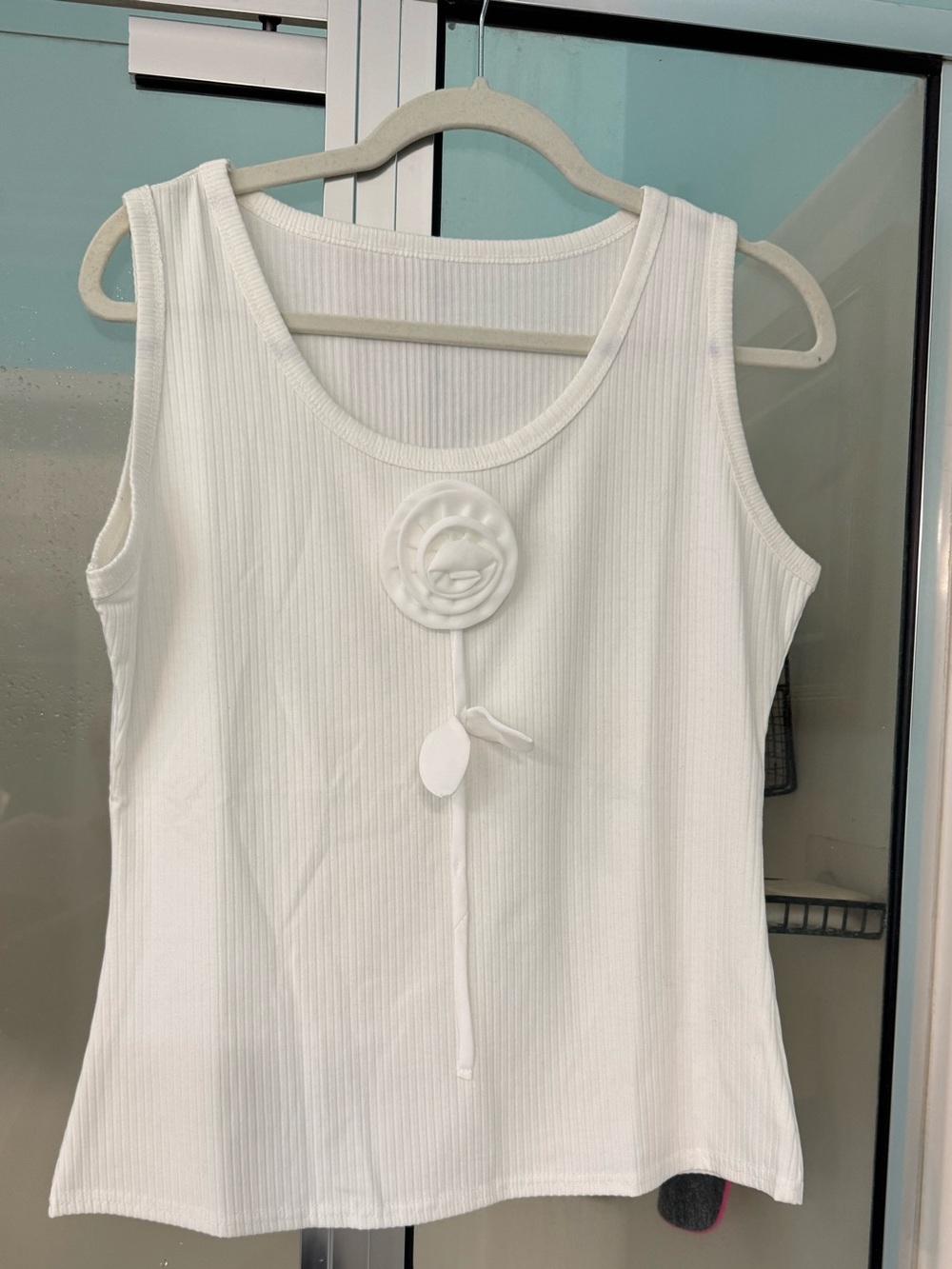 NWOT- Classic White Sleeveless Ribbed Tank with Flower Accent